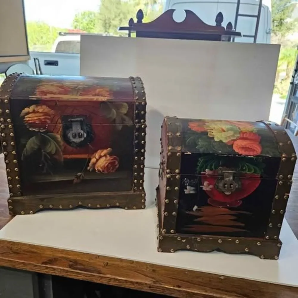 Set of 2 old Hand-Painted Floral Wooden Nesting Chests